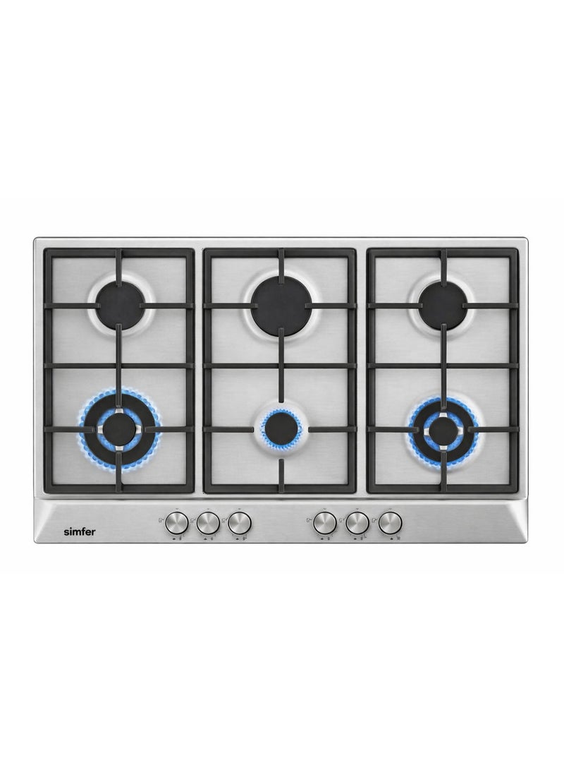 Simfer Built-In Gas Hob 90 cm Stainless Steel, Pyramidal Design, 6 Sabaf Burners, Front Control Knobs, Cast Iron Pan Supports, Auto Ignition, Full Safety – Model H9605WGWIM - Image 1